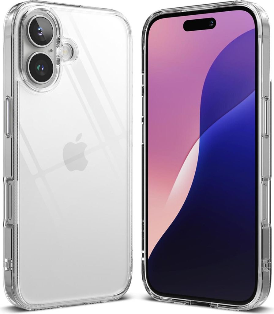 A clear protective case for an Apple iPhone is shown, with the back of the phone on the left and the front on the right.