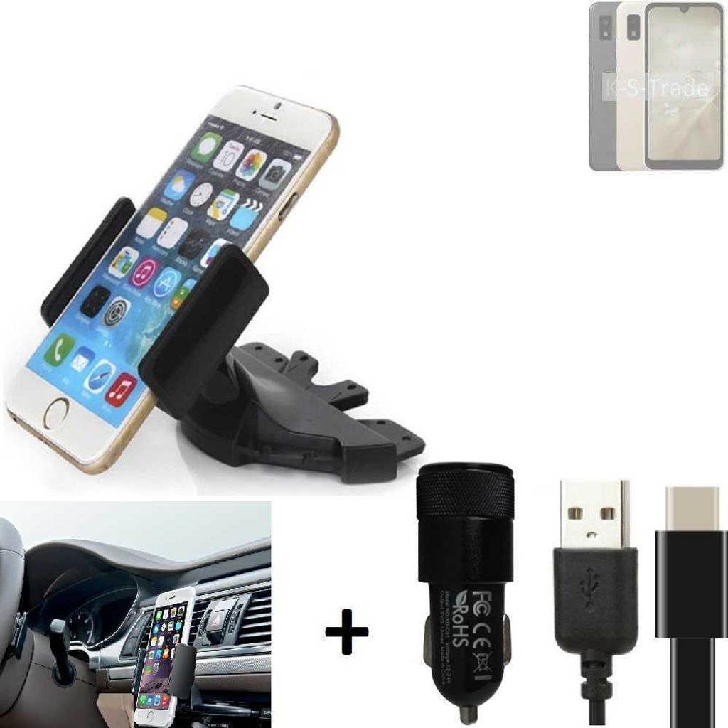 K-S-Trade CD Schlitz Handy-Halterung kompatibel mit Sharp Aquos Wish3 Autohalterung KFZ-Halter Radio Handy Halterung 360° drehbar CD-Schacht inkl.