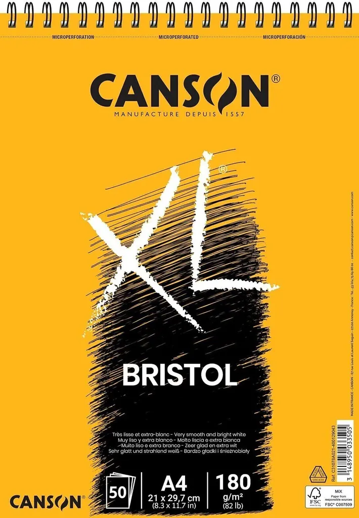 Carta Bristol Canson XL A4 180g - Blocco 50 Fogli per Inchiostro e Penna