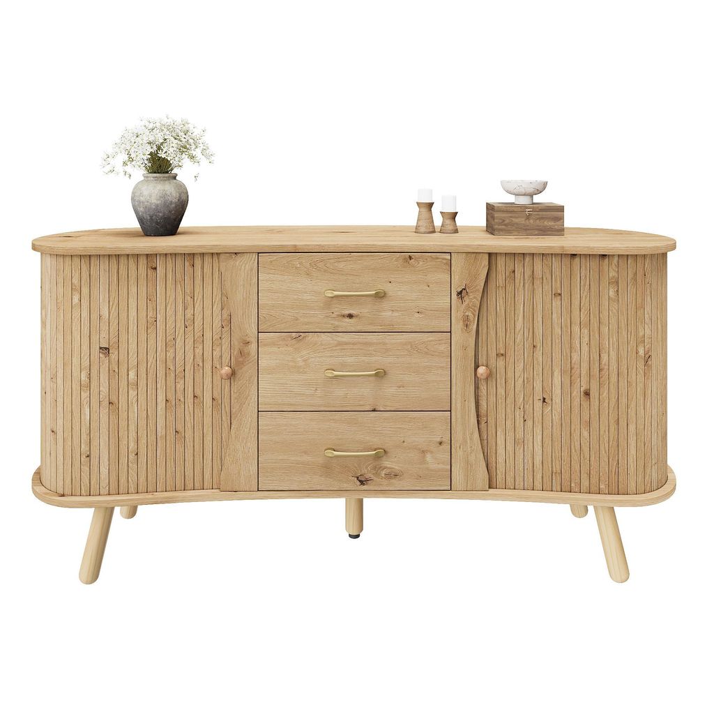 Modernes erbsenförmiges Sideboard mit Rillenoptik im Skandi-Stil, ovale Holz-Anrichte mit 2 Schiebetüren, 3 Schubladen und verstellbaren Fächern...