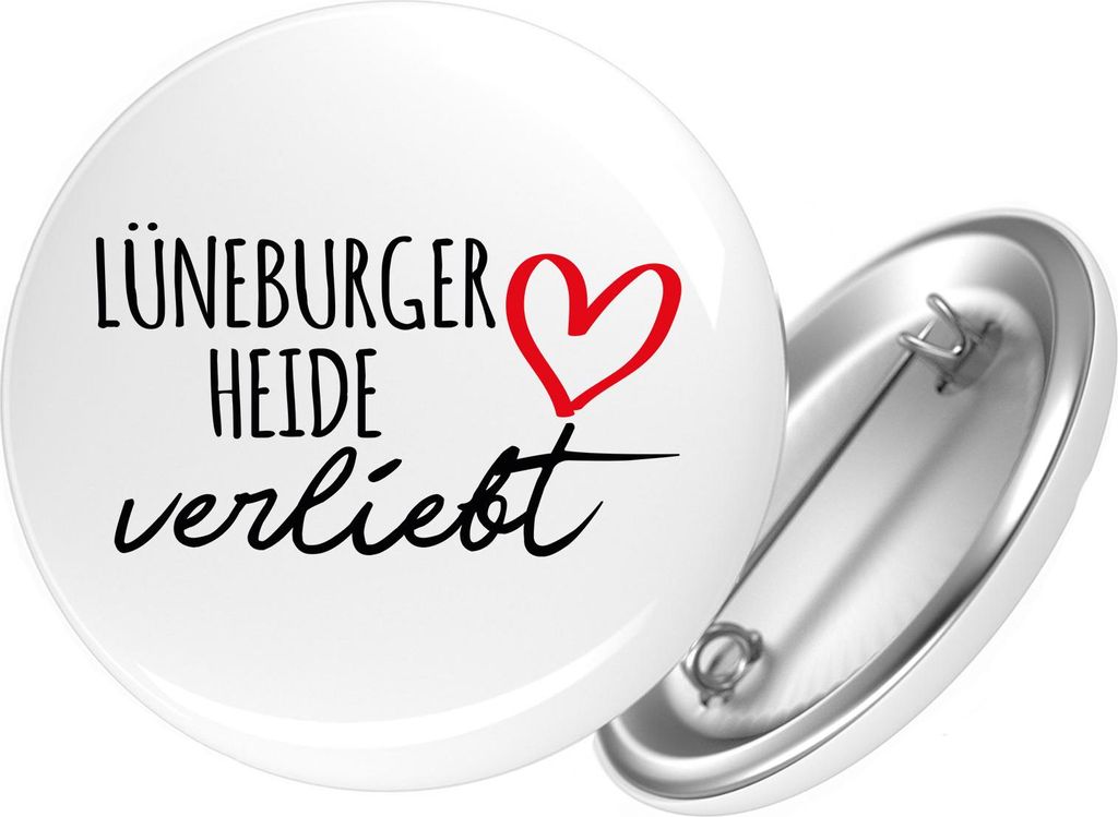 Huuraa Button Lüneburger Heide verliebt 59mm rund mit Sicherheitsnadel Ansteckbutton Geschenkidee