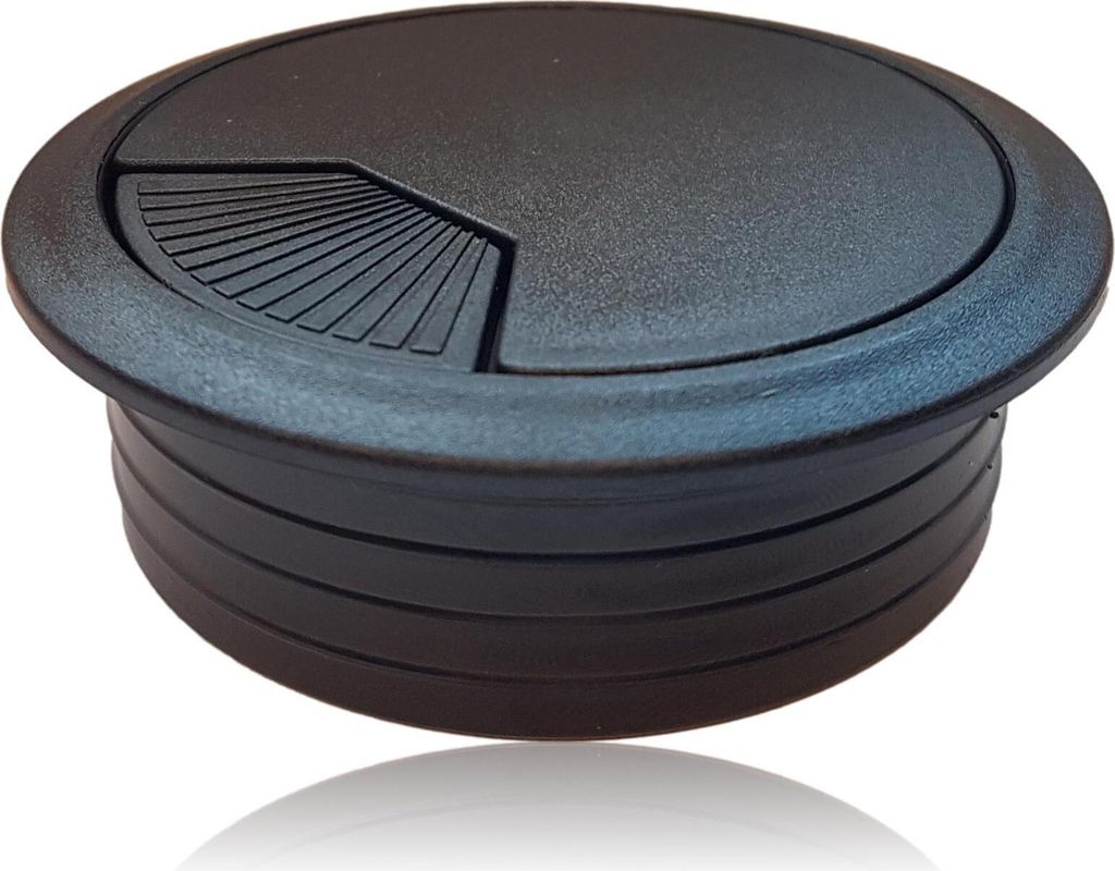 A black desk cable grommet with a hinged flap.