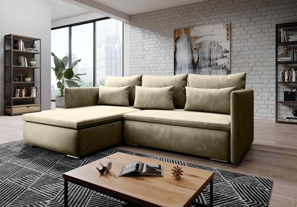 FurMeb24 ECKSOFA VALERIO monolith 04- linke seite - beige - mit schlaffunktion und bettkasten