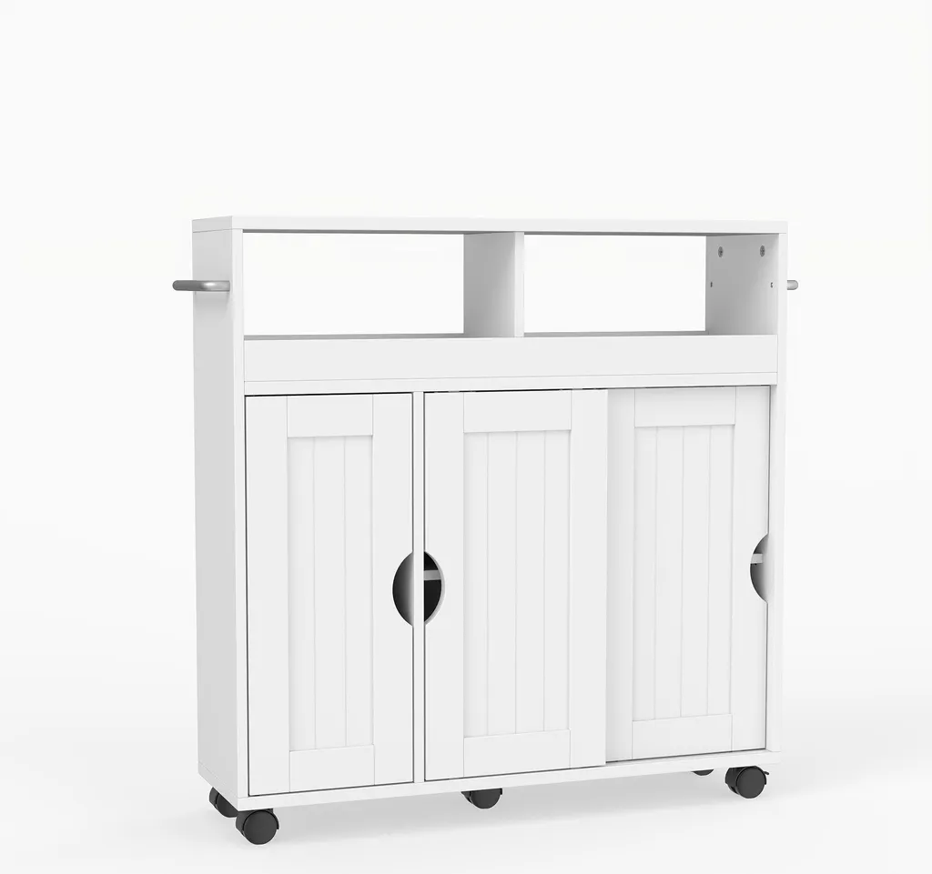 Meuble de salle de bain étroit blanc avec étagères et roulettes - 20cm