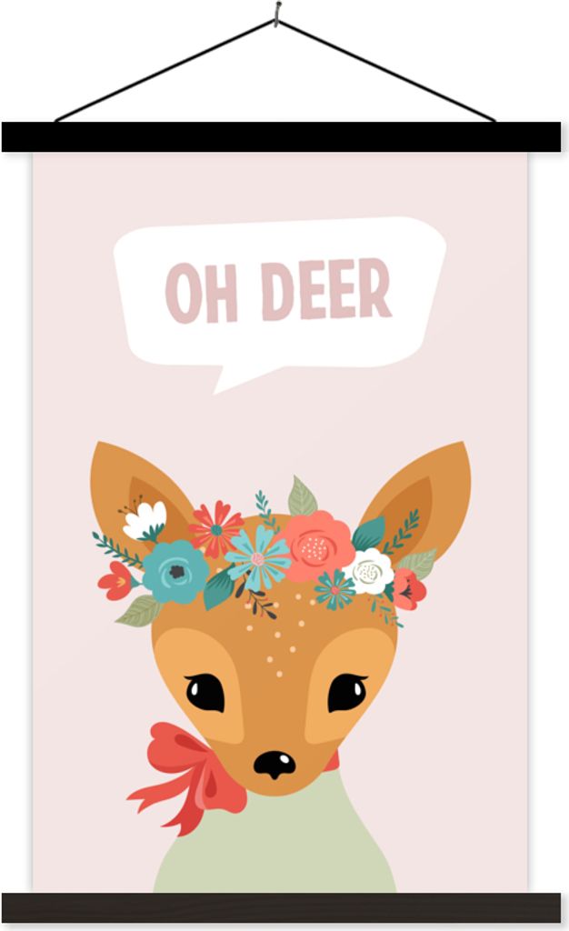 MuchoWow Textilposter Hirsch - Schleife - Rosa - Blumen 120x180 cm mit schwarzem Rahmen - Fotos