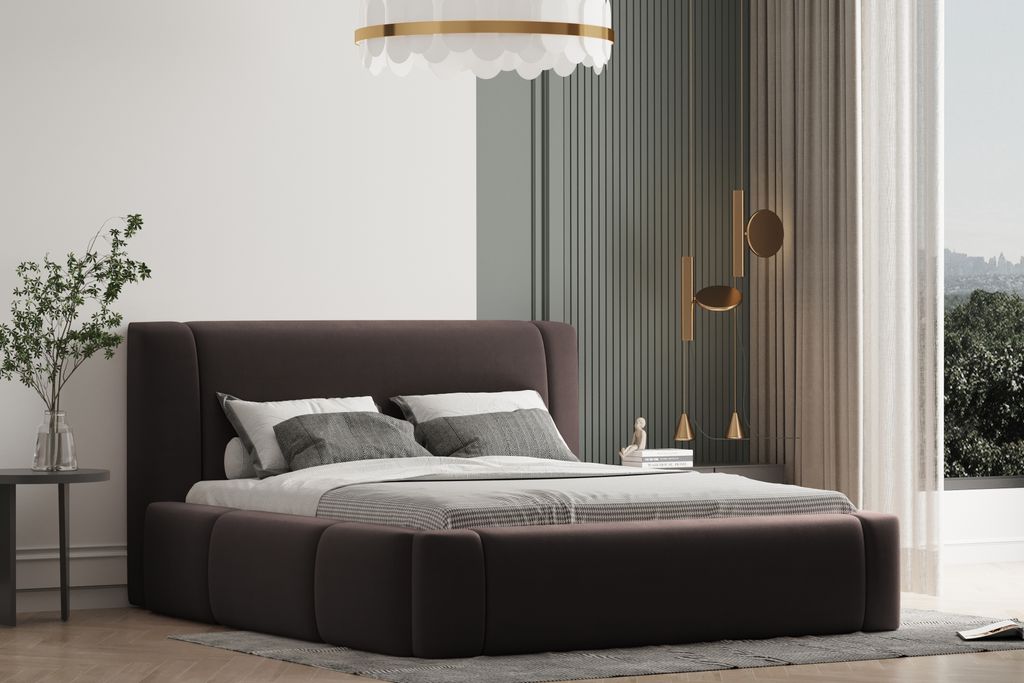 Polsterbett OLAF 90 x 200 mit Matratze, Bettkasten und Lattenrost. Farbe: Dunkelbraun