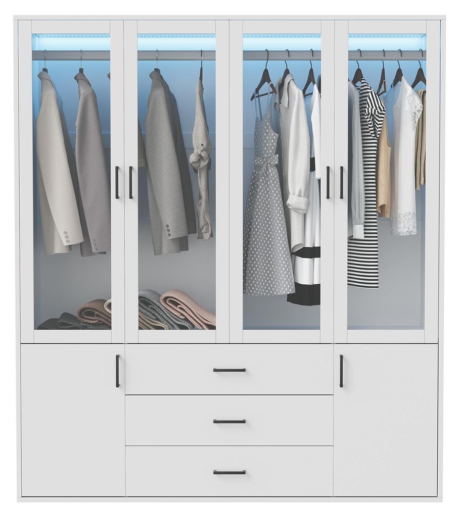 Kleiderschrank 160cm mit 4 Glastüren LED Beleuchtung Produktbild 