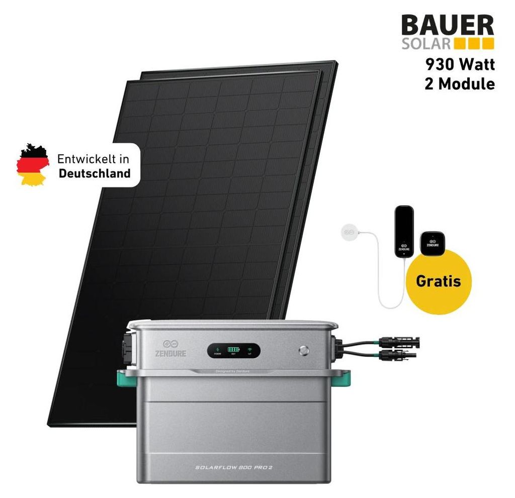 930 Watt, Bifazial Komplettset, Balkonkraftwerk, Zendure Solarflow 800 Pro 2, Halterung Blechdach vertikal und MC-4 Verlängerungskabel