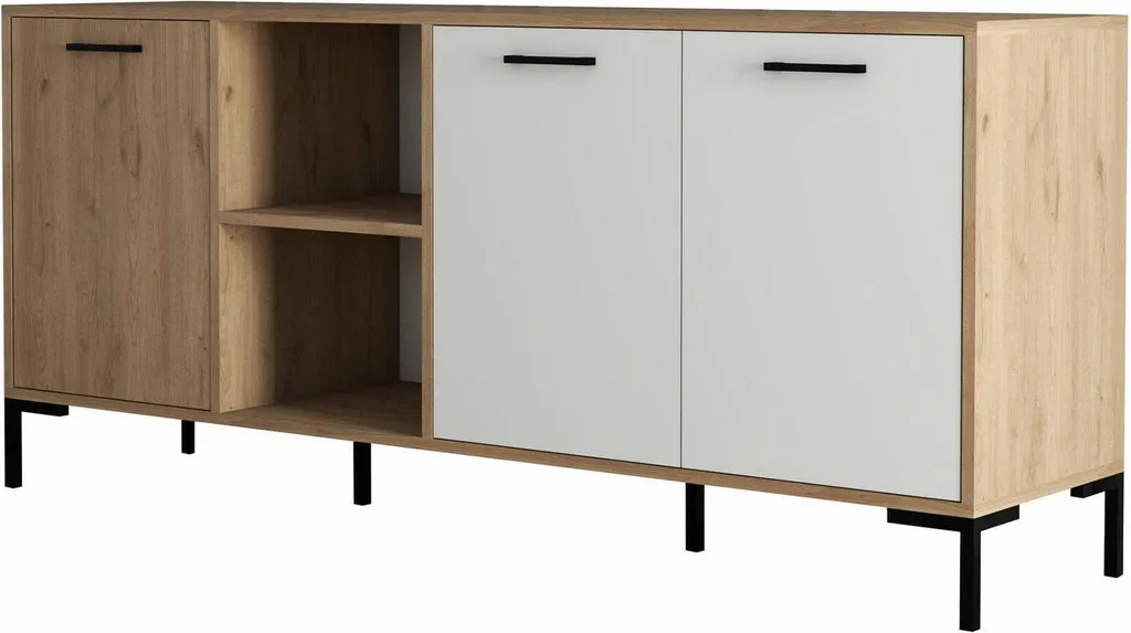 Grand Buffet de Salon Hato en Bois Chêne Marron 180cm avec Étagères