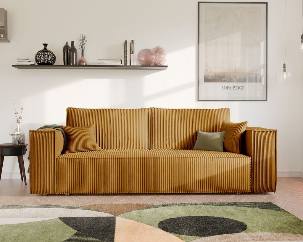 Idohome Freistehendes Polstersofa BALI Sofa mit Schlaffunktion & Stauraum – Modernes Schlafsofa, Cordstoff Senfgelb, Poso 01-platzsparend & langl...