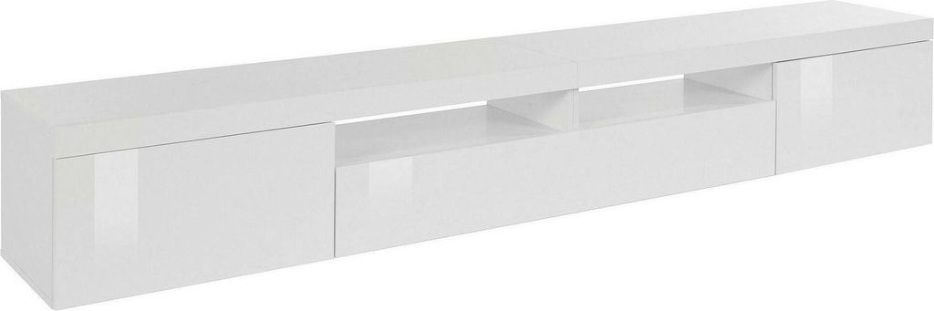 TV-Ständer Dconsigl, niedriges Wohnzimmer-Kommode mit 3 Türen, TV-Ständer-Basis, 240x40x35 cm, glänzendes Weiß