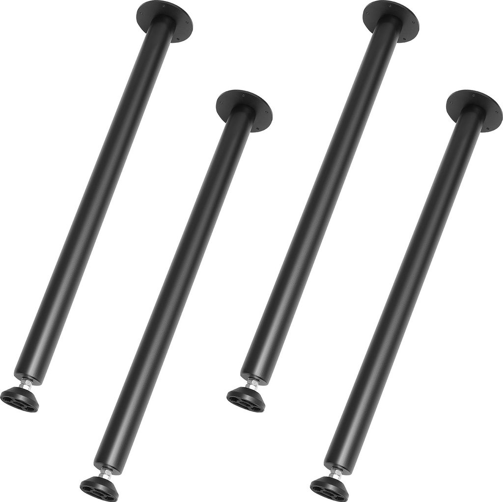 Four black table legs with adjustable feet are arranged diagonally on a white background.