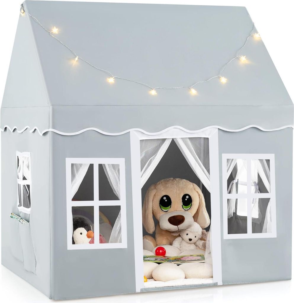 GOPLUS Spielhaus Kinder Indoor, Spielzelt mit Sternenlichtern, rutschfester Matte, belüfteten Fenstern, Kinderzelt für 3 Kinder/2 Erwachsene (Grau)