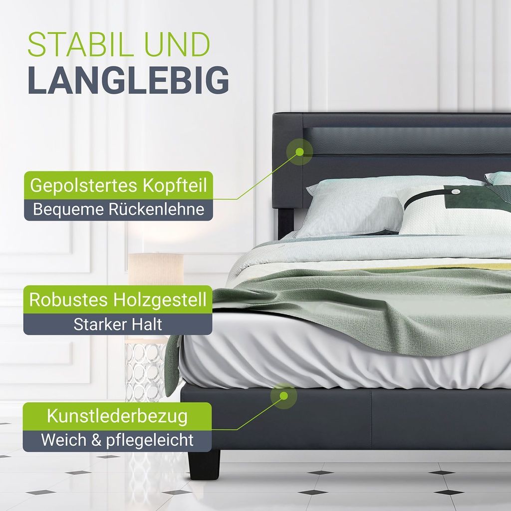 Juskys Polsterbett Paris 180 x 200 cm Kunstleder mit LED & Produktbild 5