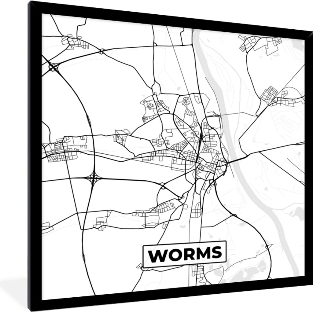 MuchoWow Gerahmtes Poster Karte - Worms - Stadtplan 40x40 cm - Poster mit Schwarzem Bilderrahmen Wandposter Rahmen Foto Bilder - Mit Rahmen - Wan...