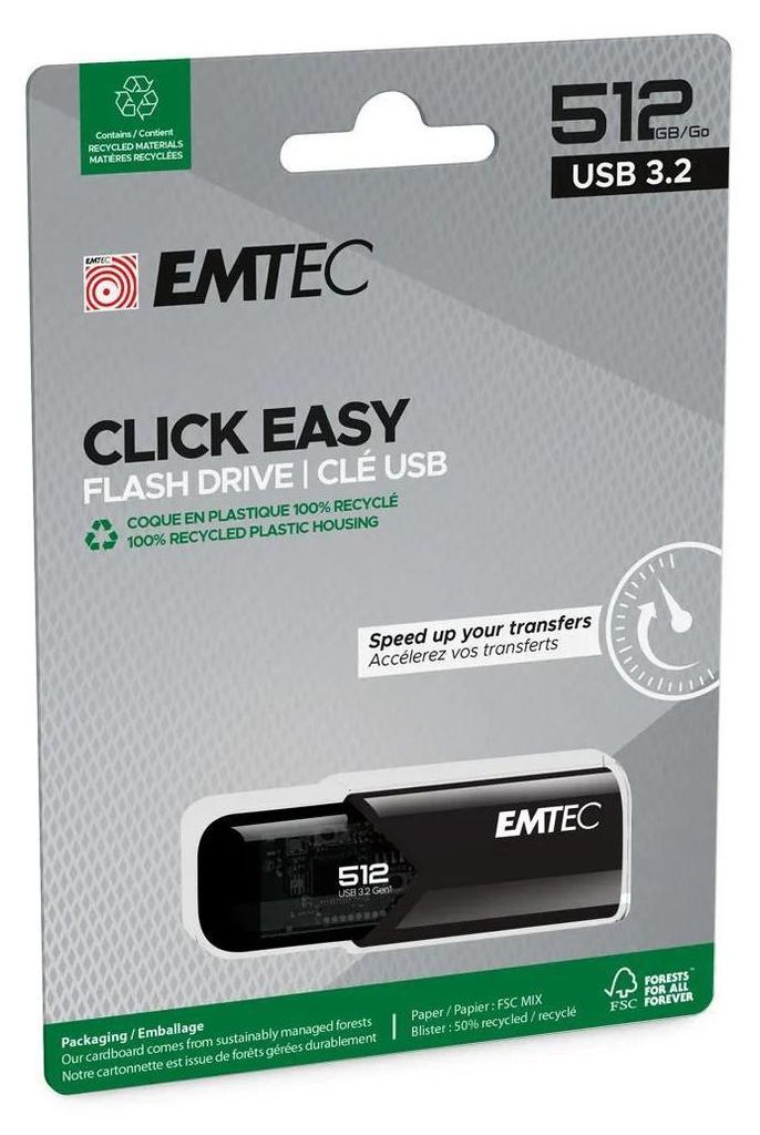 EMTEC B110 Click Easy 3.2 - 512 GB - USB Typ-A - 3.2 Gen 2 (3.1 Gen 2) - 20 MB/s - Dia - Schwarz