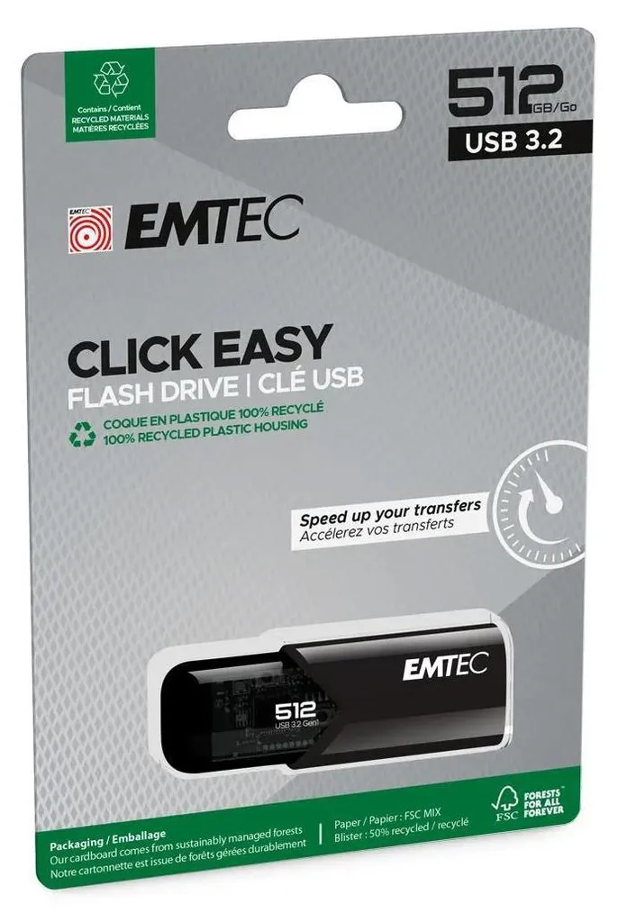 Clé USB pour Sauvegarde Vidéo 512 Go Emtec B110 Click Easy USB 3.2