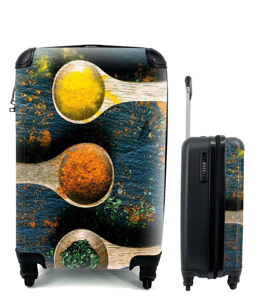 MuchoWow Koffer Handgepäck Trolley Rollkoffer Kleine Reisekoffer mit 4 Rollen - Gewürze - Löffel - Kräuter - Braun - Gelb - Grün - Cabin Siz...