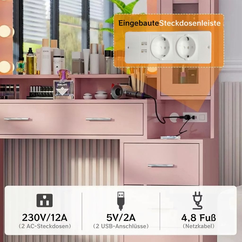 ODK Schminktisch Mit LED-Spiegel & RGB-Beleuchtung - Toilettentisch Mit 8 Schubladen Und Hocker