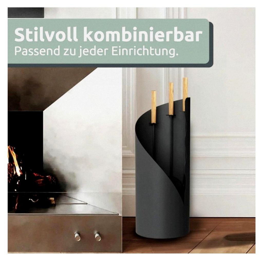 Kaminbesteck 5-teilig in Grauschwarz mit Holzgriff inkl. Ofenhandschuh