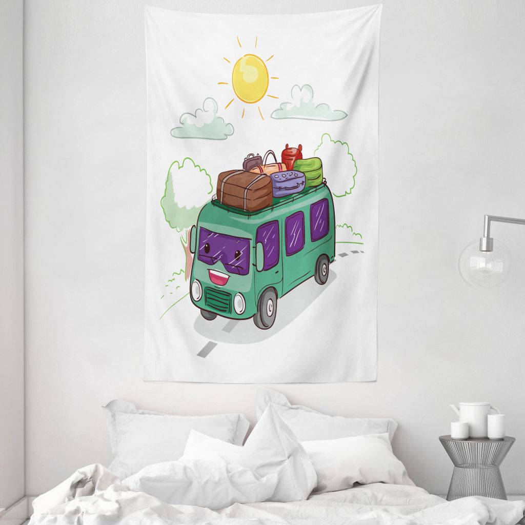 ABAKUHAUS Wohnmobil Wandteppich und Tagesdecke, Bus Gefüllt mit Gepäck aus Weiches Mikrofaser Stoff Waschbar ohne Verblassen Digitaldruck, 140 x ...