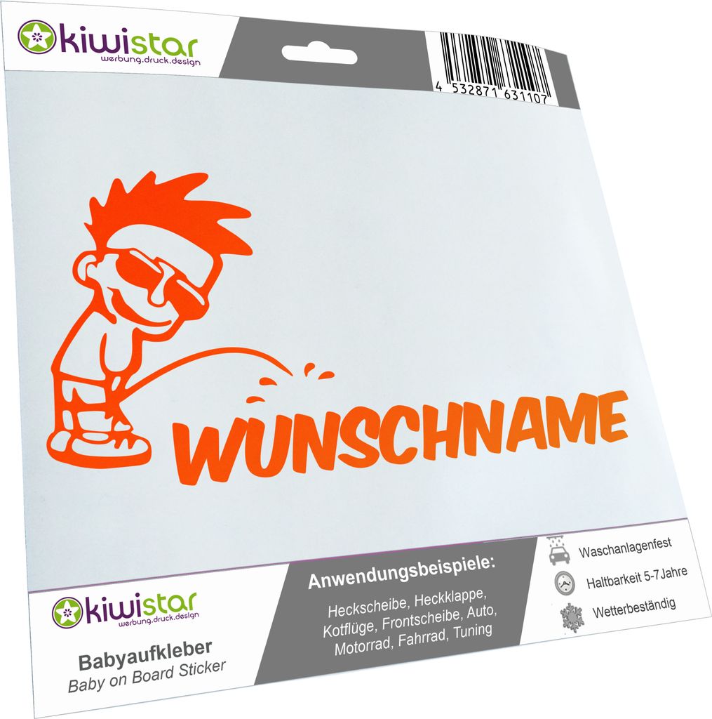 Kiwistar - Autoaufkleber - Piss on Wunschname - Junge mit Sonnenbrille - 40 cm - neonorange - Pissmännchen - Aufkleber für Auto, Laptop, Fahrrad,...