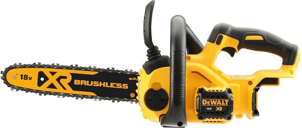 A yellow and black DeWalt cordless chainsaw is shown against a white background.