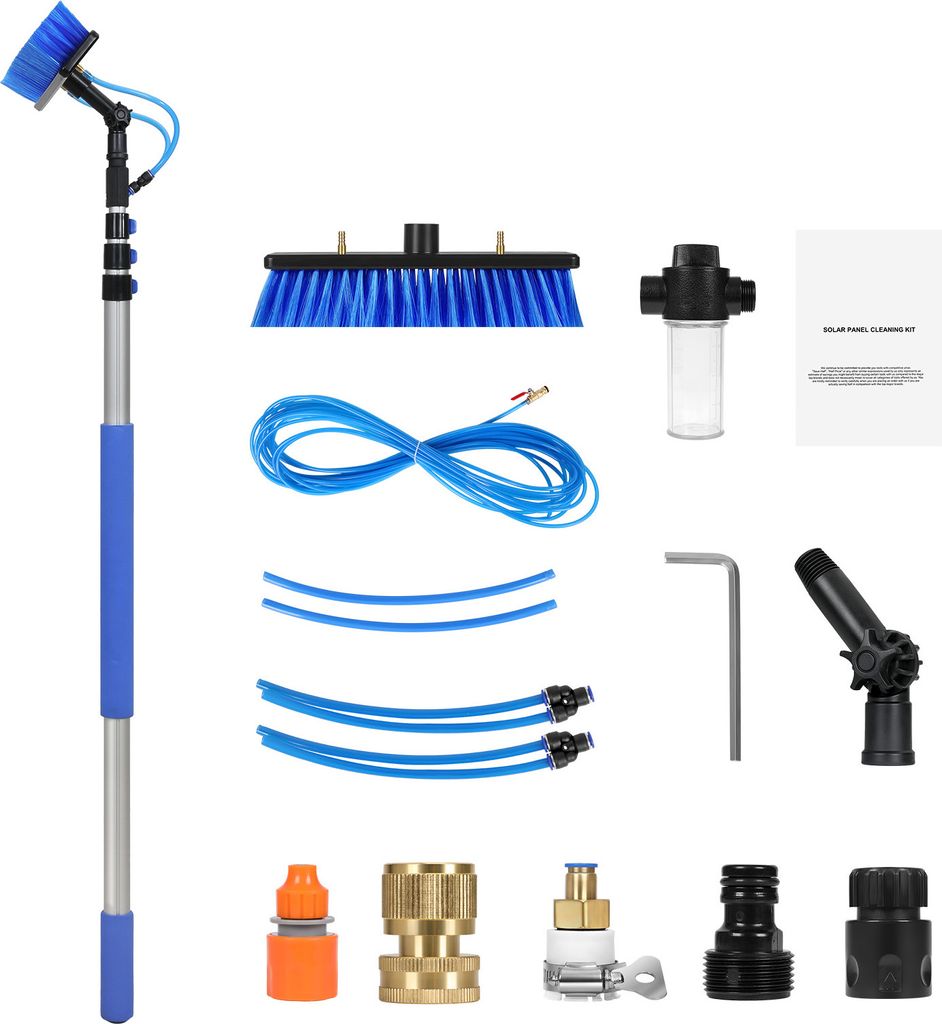 SucceBuy Wasserzufuhrstangen-Set, 3,6 m ausziehbar für die Reinigung von Solarmodulen und Fenstern, 180° drehbare Bürste, 20 m Schlauch, komplet...