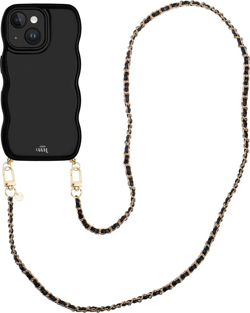Glossy Wavy Cord Hülle Black - Classic Chain Black (Lange Handykette) - Kompatibel mit iPhone 14 Plus