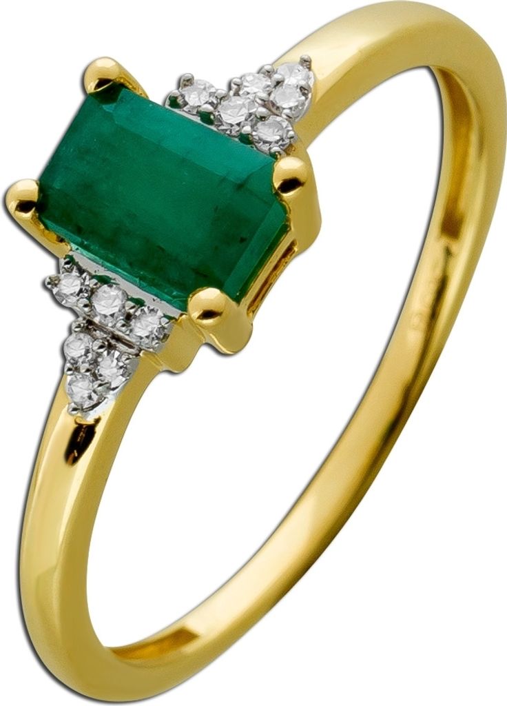 Smaragd Ring Gelbgold 585 14K Diamanten 0.05ct grüner Edelstein 0.7ct 19