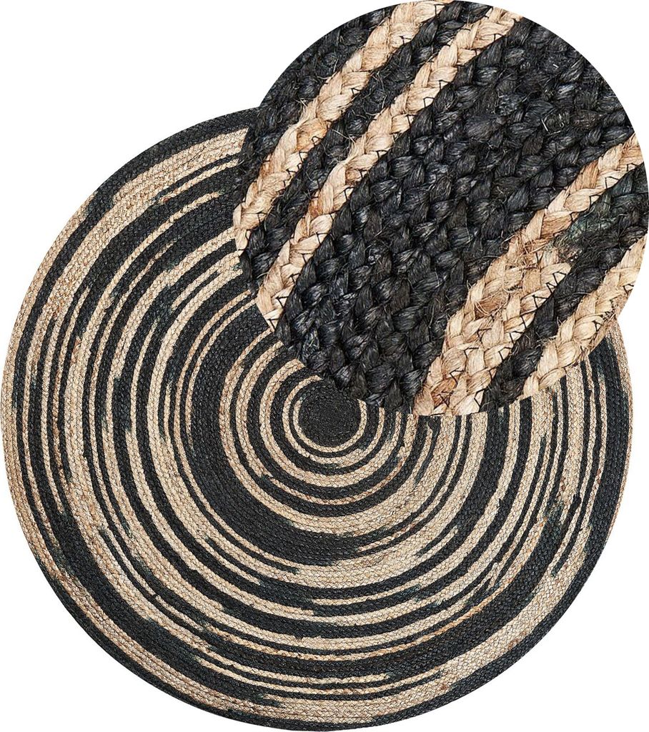 BELIANI Teppich Beige Schwarz Jute ø 140 cm Kurzflor Boho Spirale Maschinengewebt Rund