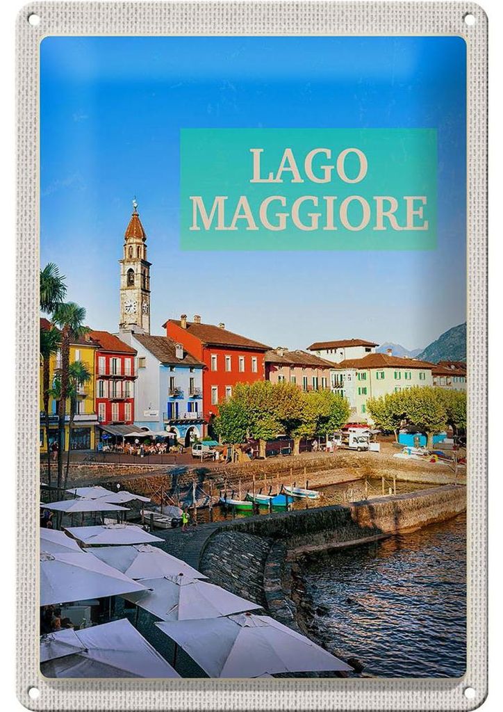 Blechschild Reise 20x30cm Lago Maggiore Gebäude Meer Schirm