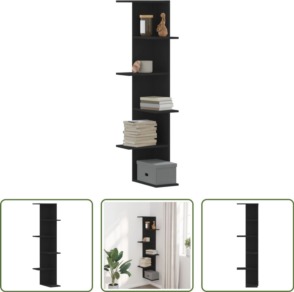 The Living Store Wand-Eckregal Schwarz 36,5x36,5x140 cm Holzwerkstoff