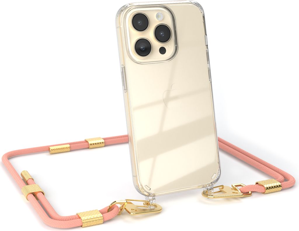 EAZY CASE Handykette für Apple iPhone 14 Pro, Transparente Silikonhülle mit Band, Clear Case, abnehmbar in Rosa