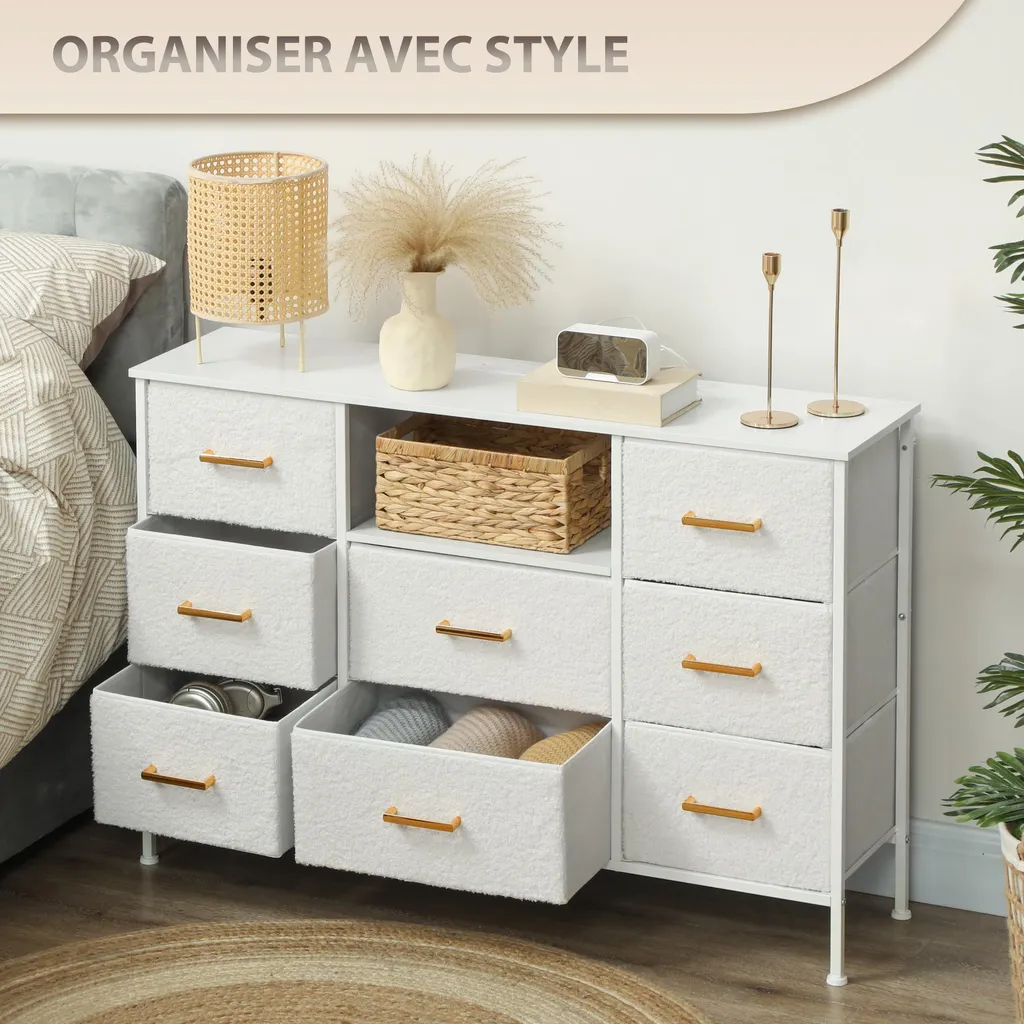 Commode de Rangement en Bouclette avec Prises USB et Type-C Intégrées