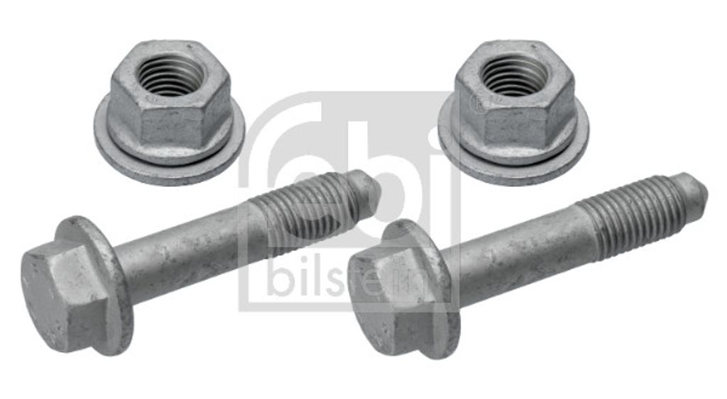 Two metal bolts and two matching nuts are laid out on a white background. A faint watermark is visible behind the products.