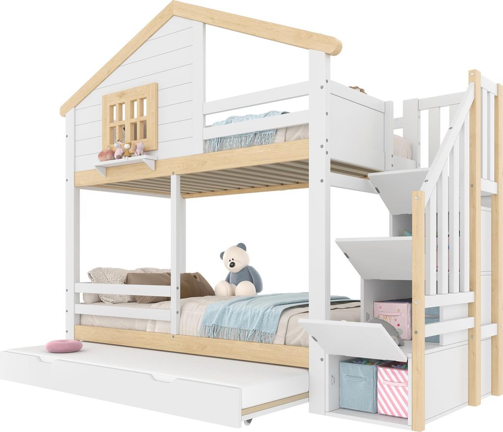 Etagenbett mit 3 Schlafgelegenheiten, Stauraum, Rausfallschutz und Treppe, 90x200cm, Kinderbett, Holzbett, Hausbett, Kiefer