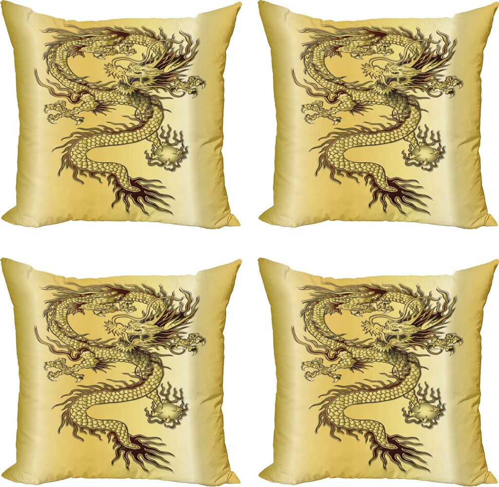 ABAKUHAUS Drachen Kissenbezug Set (4 Stück), Ostchinesischen Myth, Moderner Doppelseitiger Digitaldruck, 50 cm x 50 cm, Senf und Schwarz