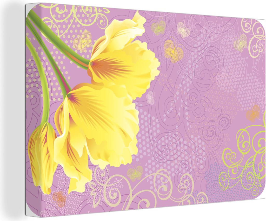 OneMillionCanvasses - Leinwandbilder - 150x100 cm, Eine Illustration von gelben Tulpen auf einem rosa Hintergrund, Wandbilder Kunstdruck Wanddeko...