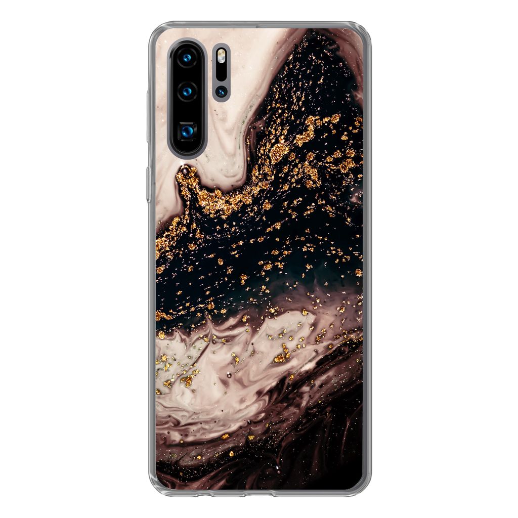 MuchoWow Handyhülle Schutzhülle Hülle für Huawei P30 Pro Naturstein - Gold - Schwarz Silikon Softcase Handy Hülle - Schutzdeckel