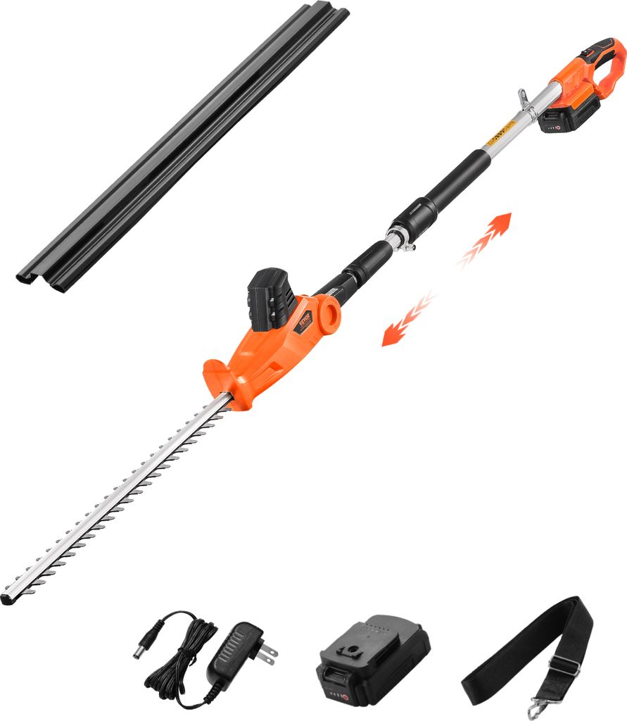 A collection of items for a hedge trimmer, including the trimmer itself, a battery, a charger, and a strap.