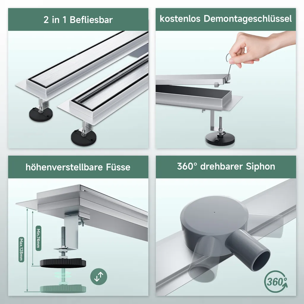 Canaletta Doccia 70 cm SONNI Inox 304 | Design 2 in 1 Invisibile - 10