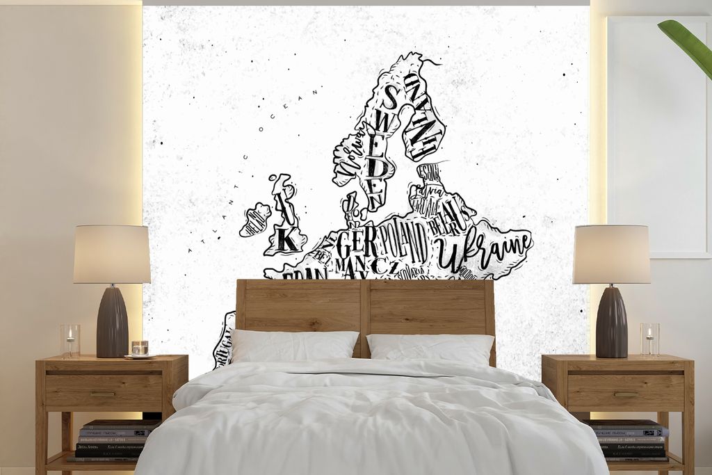 MuchoWow Fototapete für Wohnzimmer oder Schlafzimmer Wandtapete Vinyl Motivtapete Karte - Europa - Schwarz - Weiß - 300x300 cm - Wanddekoration