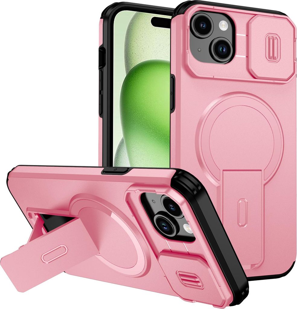 Magnetisch Hülle für iPhone 15 Plus/iPhone 14 Plus, Dual Layer Stoßfest Handyhülle mit Dia Kameraschutz, Verstellbarem Ständer Pink