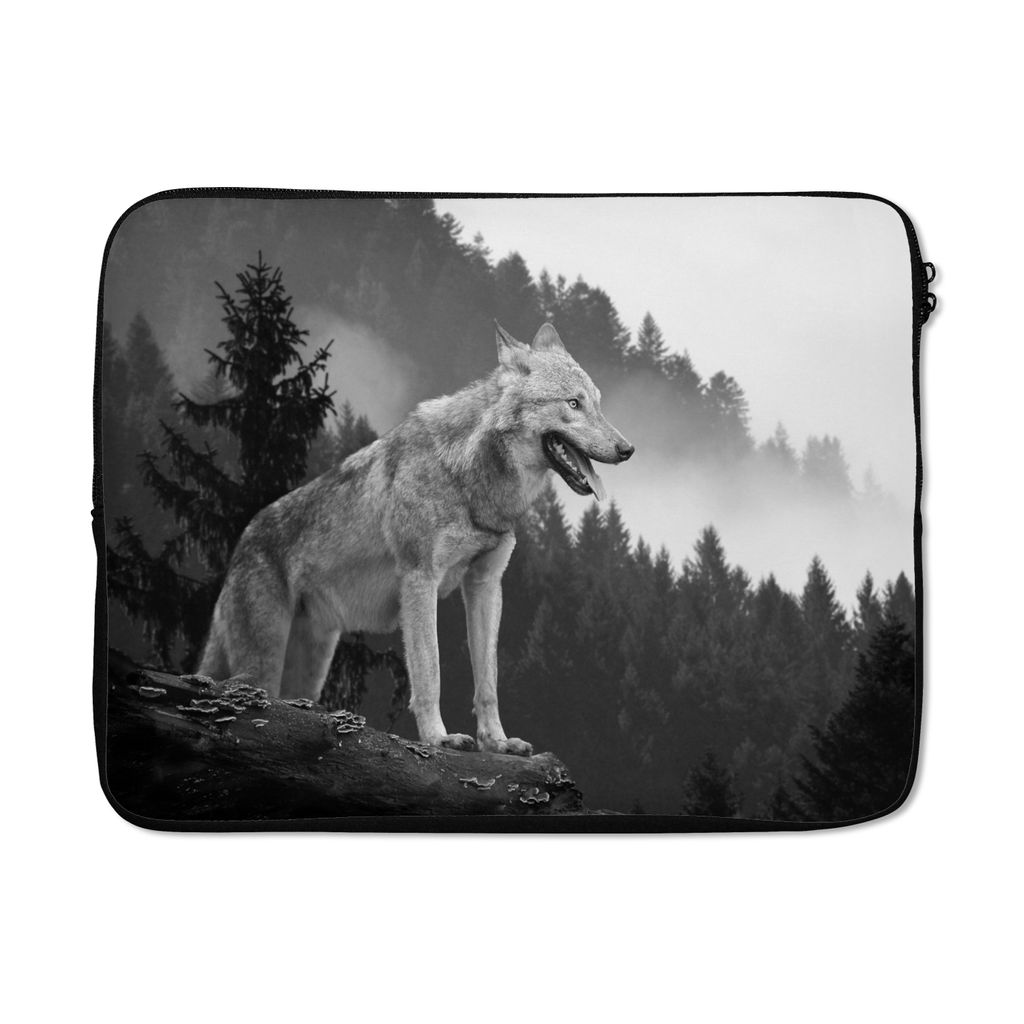 MuchoWow Laptop Hülle 17 Zoll Laptoptasche Wolf - Wald - Schwarz - Weiß - Zipper - Schutzabdeckung