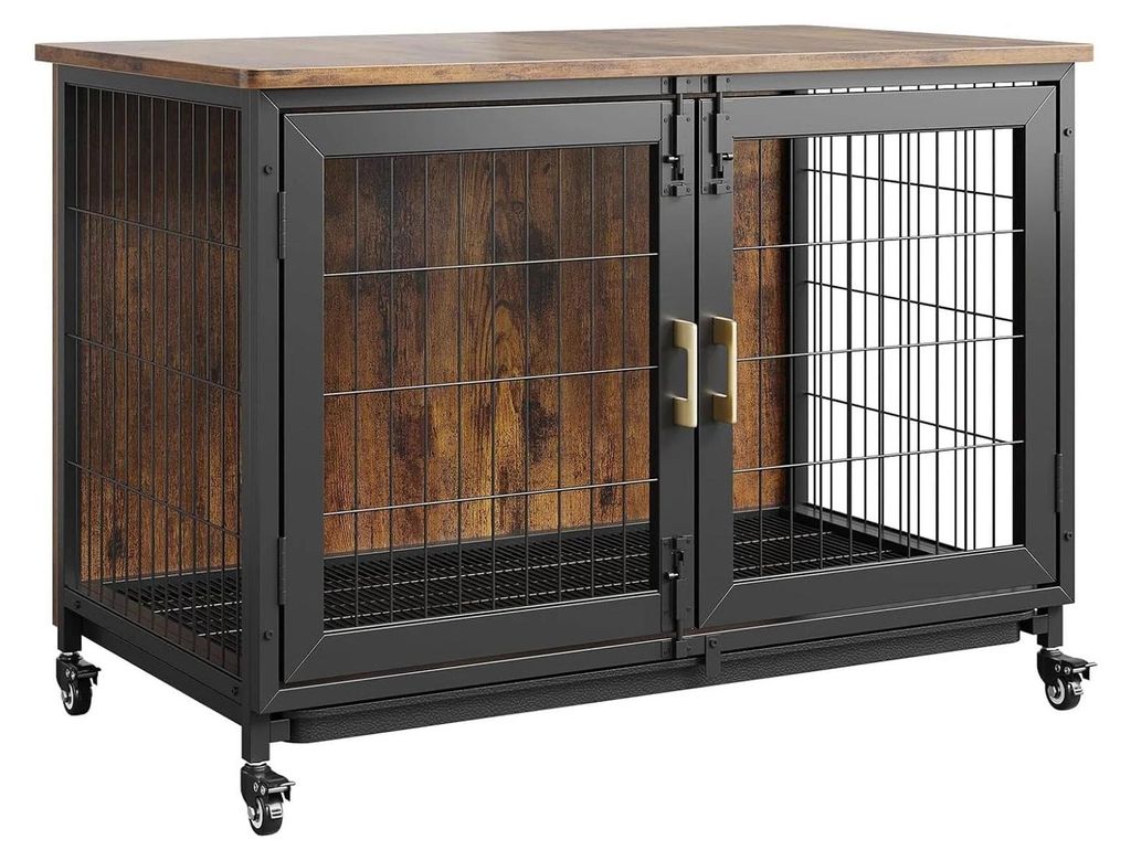 Hundekäfig - Holzbox mit Rollen für innen - Extra stabil - Groß - Entnehmbare Schale - Möbel-Design