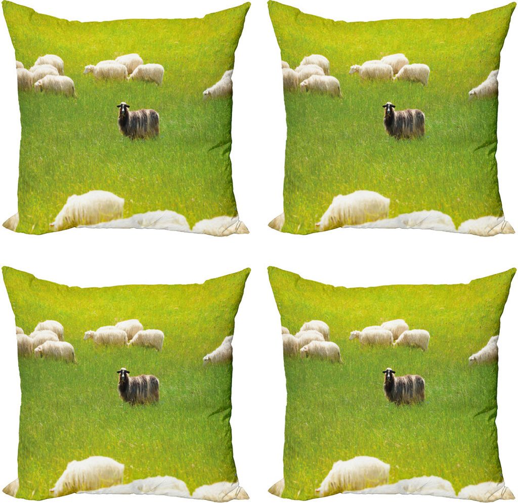ABAKUHAUS Natur Kissenbezug Set (4 Stück), Schwarze Schafe Weiße Ziegen, Moderner Doppelseitiger Digitaldruck, 40 cm x 40 cm, Farn-Grün-Creme