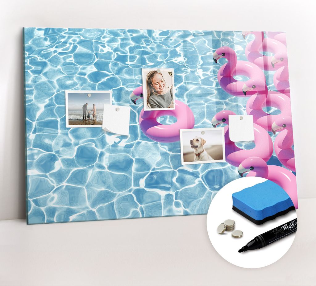 Magnetpinnwand Memoboard - Zubehörsatz - Schwarzer Marker + Schwamm + Magnete - 90 x 60 cm - Löwenzahn-Flamingos