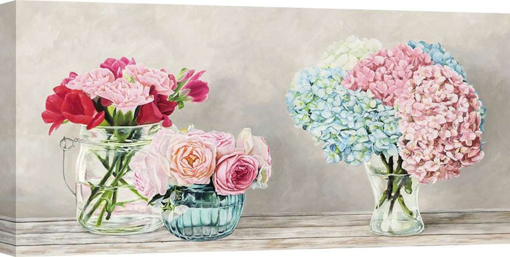 Leinwandbilder mit Blumen, Pastellfarben - Remy Dellal, Fleurs et Vases Blanc - 120x60 cm