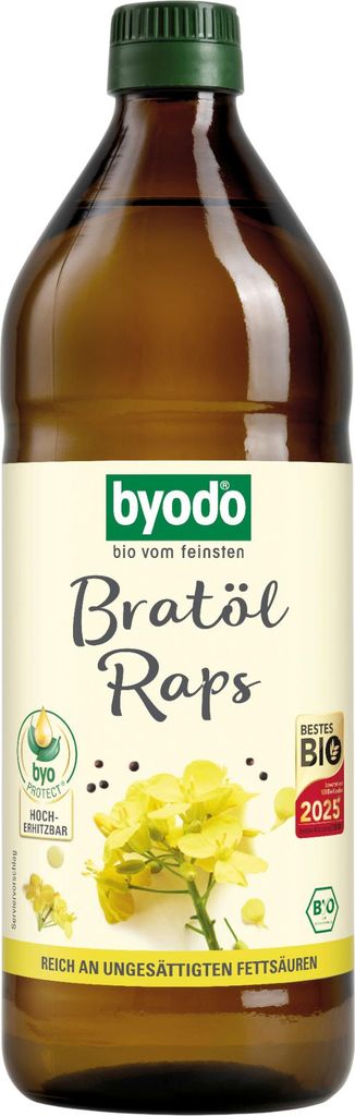 A bottle of cooking oil with a label showing rapeseed flowers.